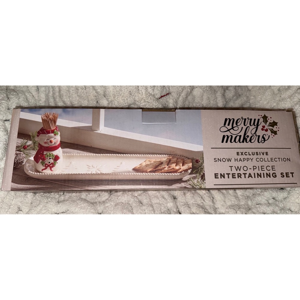 Merry Makers Snow Happy Snowman Toothpick Holder and Serving Tray Set White Red